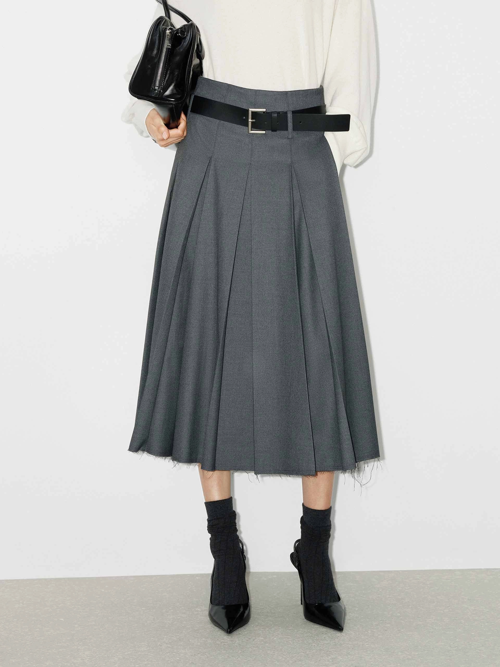 Raw Hem Pleated Skirt Effortless Layer Loose Design