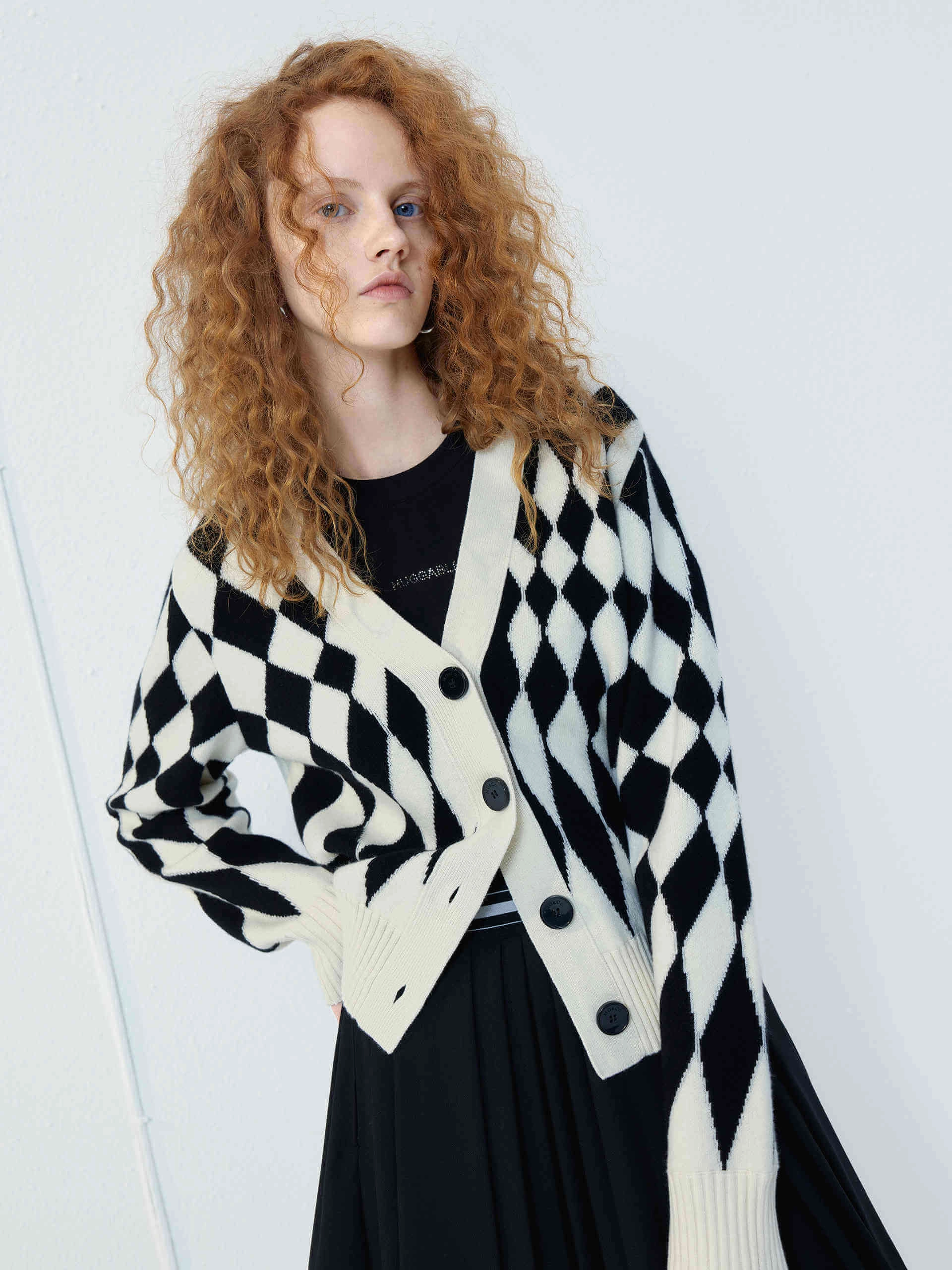 ReflectiveTrim Checkered Pattern Wool Cardigan