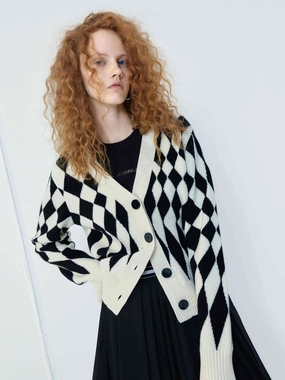 ReflectiveTrim Checkered Pattern Wool Cardigan