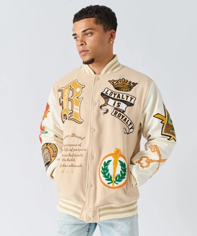 Anti Pilling Surface Treatment Heavy Duty Buckle Loyalty Embroidered Varsity Jacket PU - Khaki