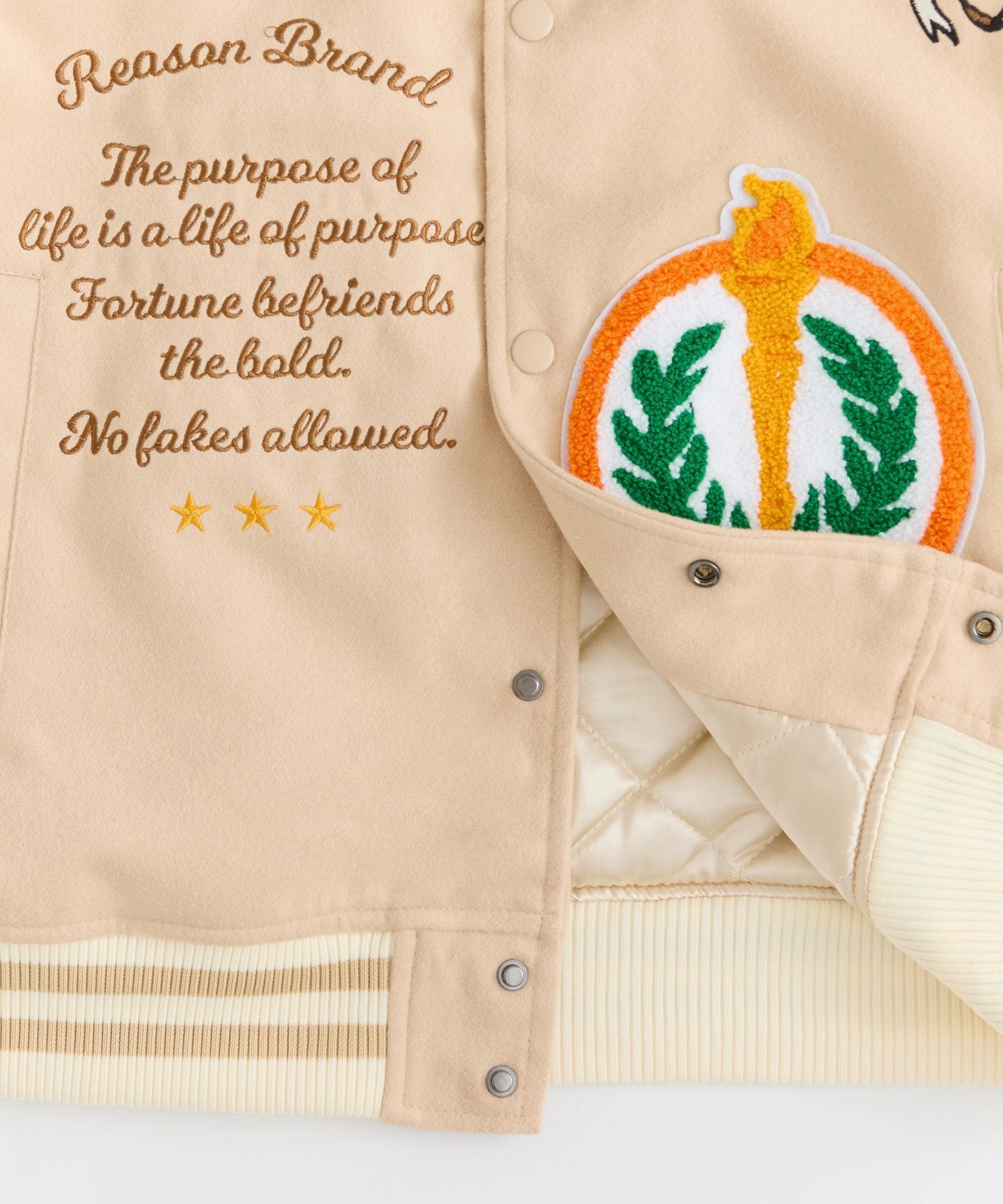 Loyalty Embroidered Varsity Jacket PU - Khaki NoiseFreeMaterial Heavyweight Fabric