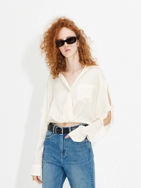 Office Look SoftInteriorLining Cutout Sleeve Cropped Top