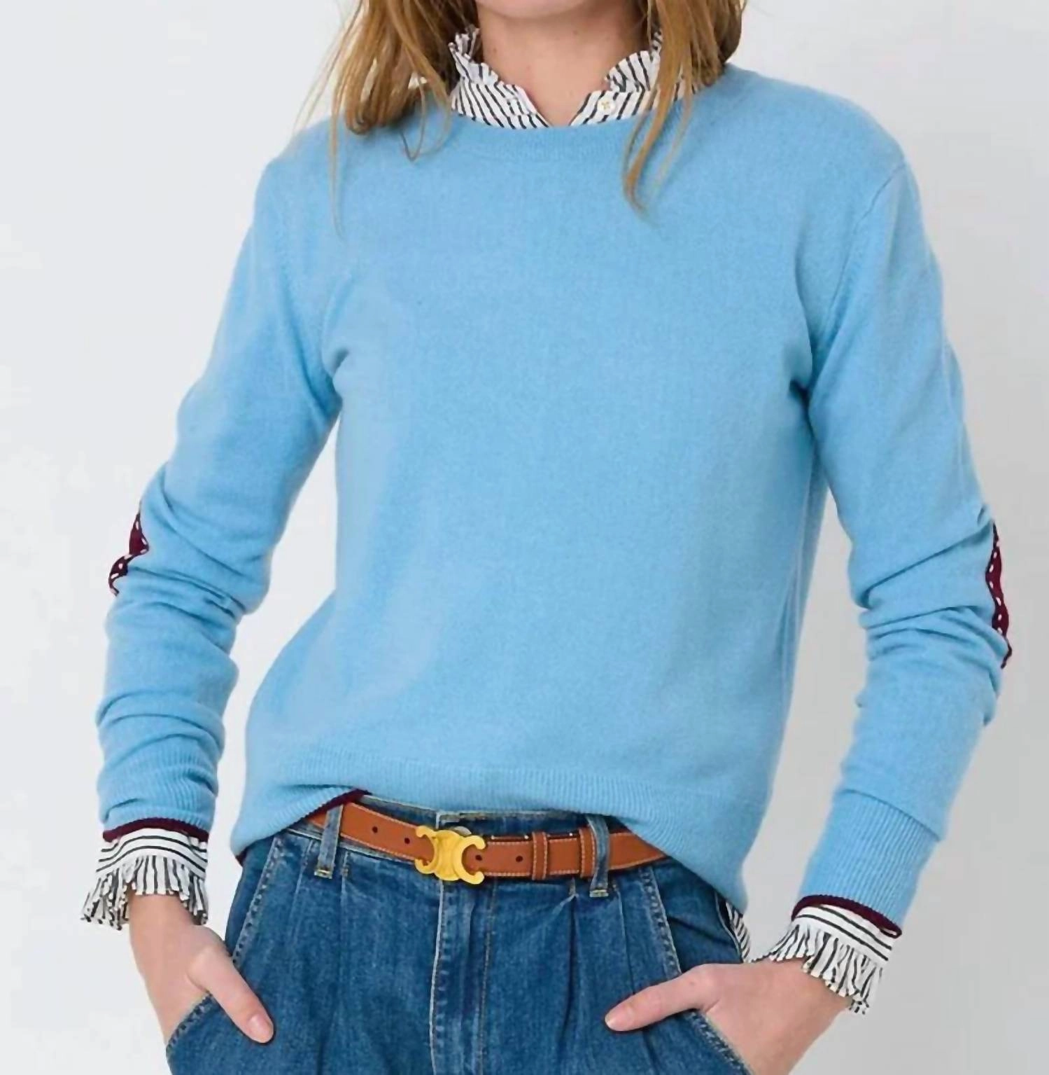 Cozy And Warm Soft Wear Patchwork Pullover Sweater In Mid Blue