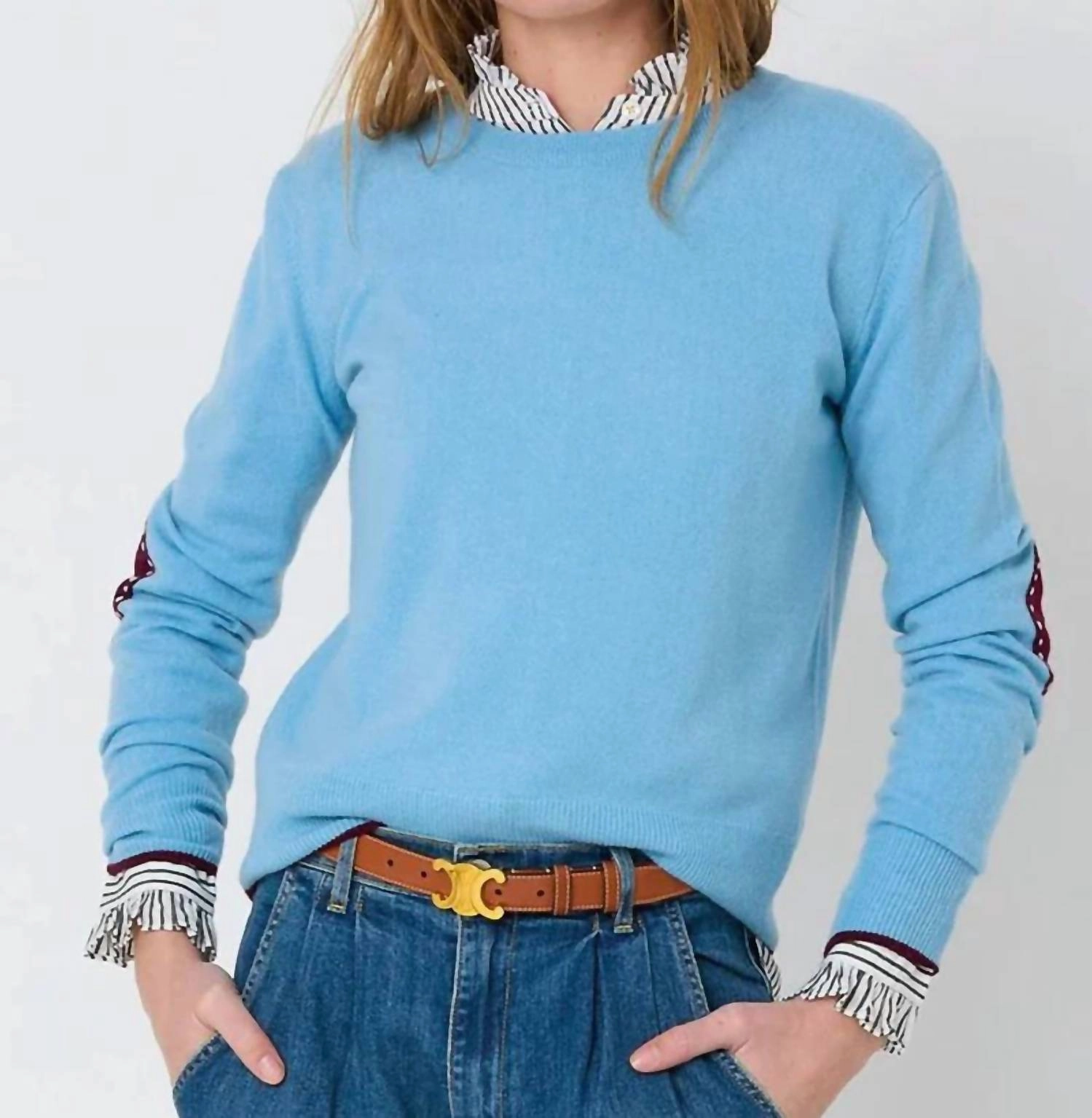 Patchwork Pullover Sweater In Mid Blue Quick Knit Perfect Knitwear