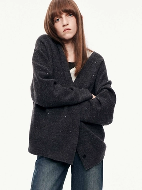Rhinestone Wool Blend Cardigan Non Irritating Seam Finish VersatileNeckline