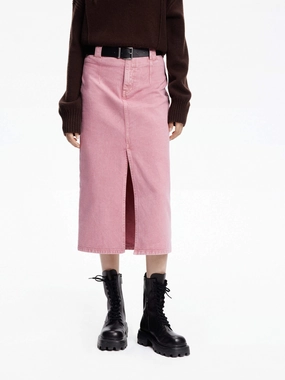 Layered Look Neutral Look Slit Detail Denim Skirt with Belt