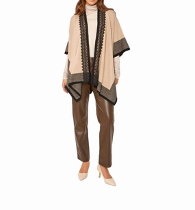 Relaxed Fit Sleeveless Poncho In Beige/black Soft Knit