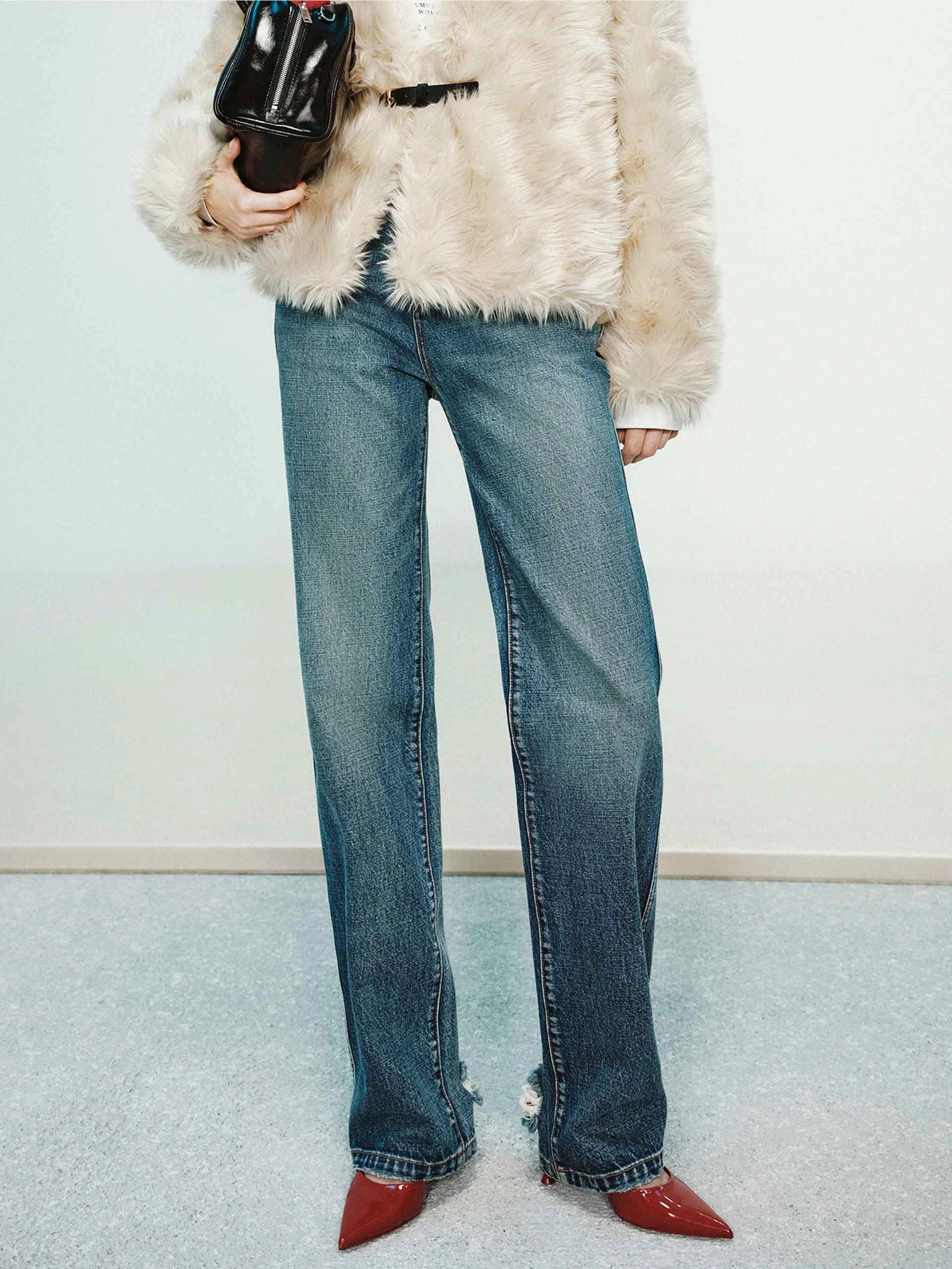 Ripped Hem Straight Jeans Double Stitched Seams Relaxed Cut