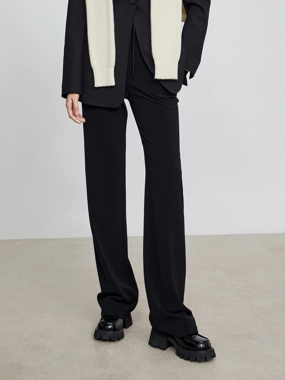 Drawstring Straight Pants Contoured Panel Design