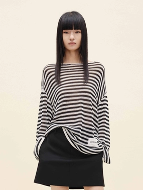 Non Restrictive Cut Tubular Body Construction Wool Blend Striped Sweater
