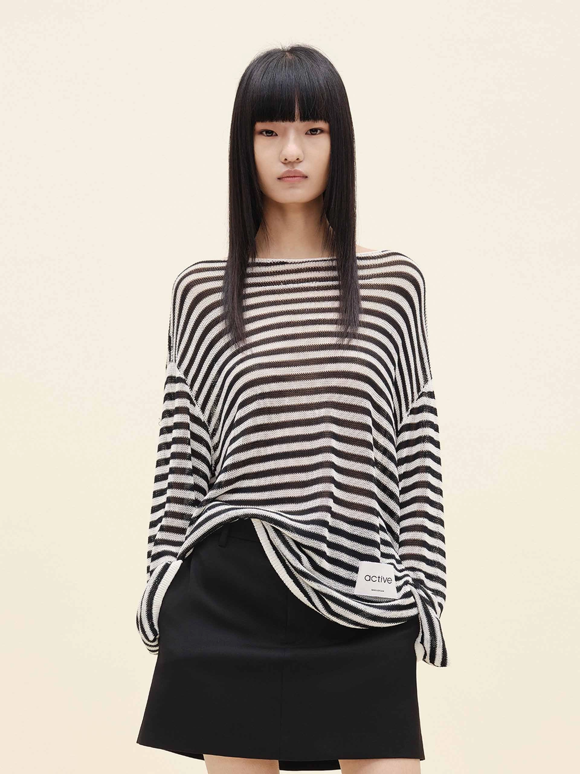 CollapsibleFrame LowProfile Zipper Wool Blend Striped Sweater