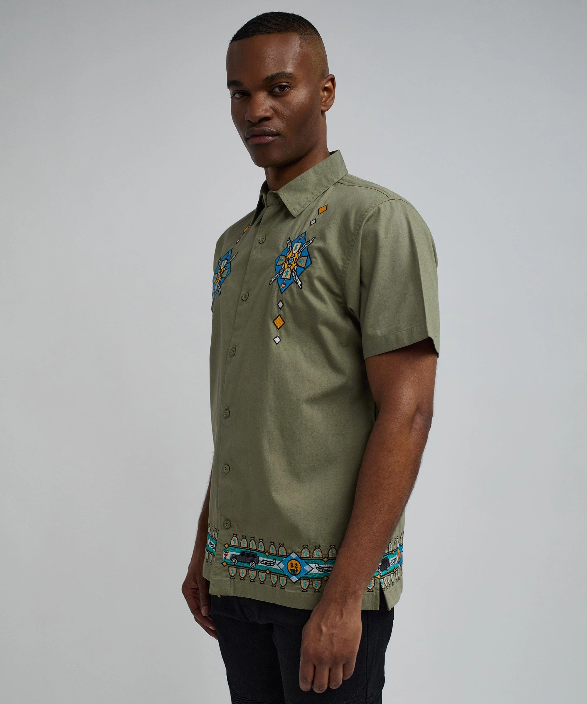 Zona Embroidery Cuban Short Sleeve Shirt - Olive Green ThermalLining