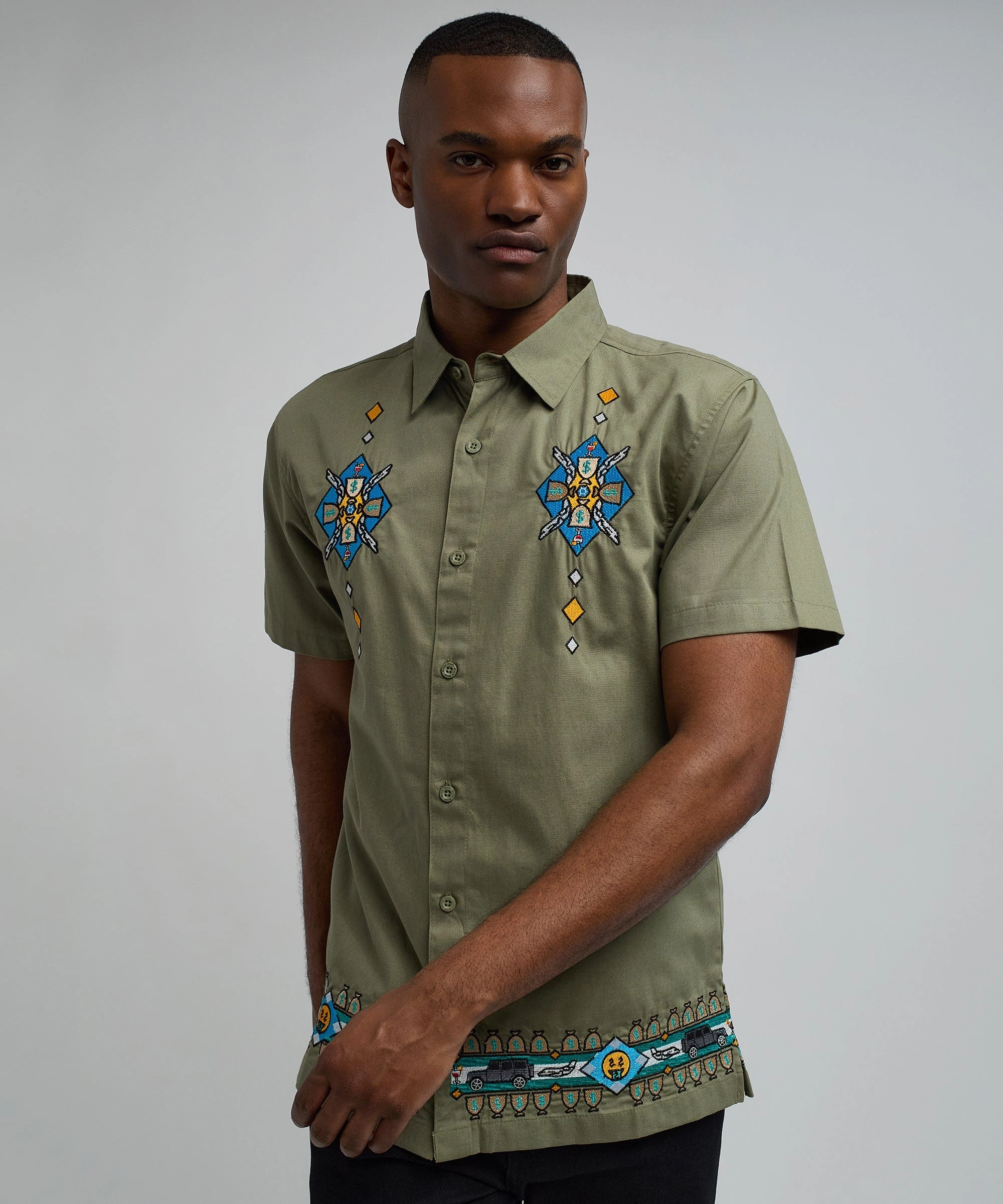 Adjustable Hem Toggles Formal Blouse Zona Embroidery Cuban Short Sleeve Shirt - Olive Green