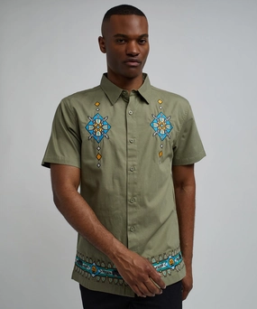 NonRestrictiveSilhouette Zona Embroidery Cuban Short Sleeve Shirt - Olive Green