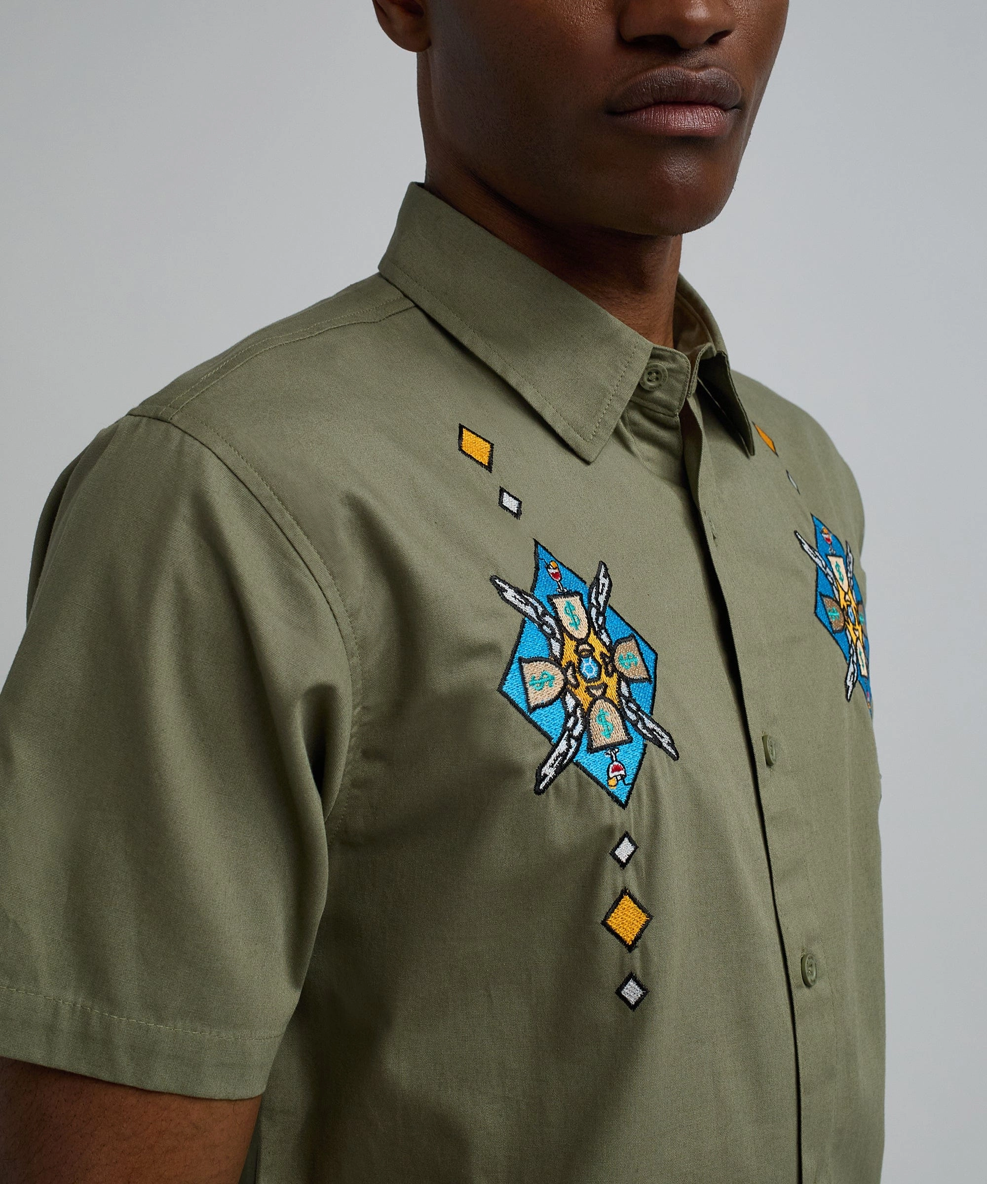 DurableStitching Zona Embroidery Cuban Short Sleeve Shirt - Olive Green
