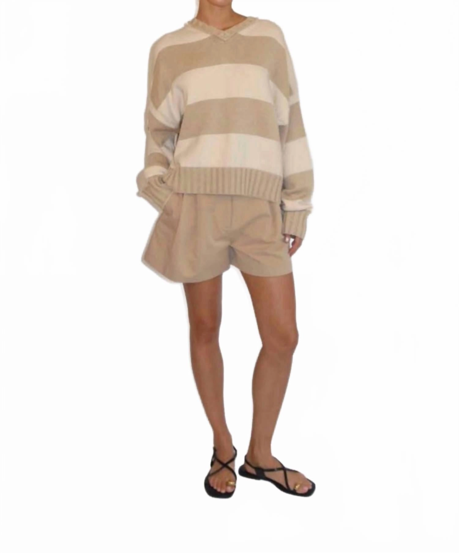 Cozy Knit Style Reinforced Cuffs Reva V-Neck Long Sleeve Pullover In Camel Stripe