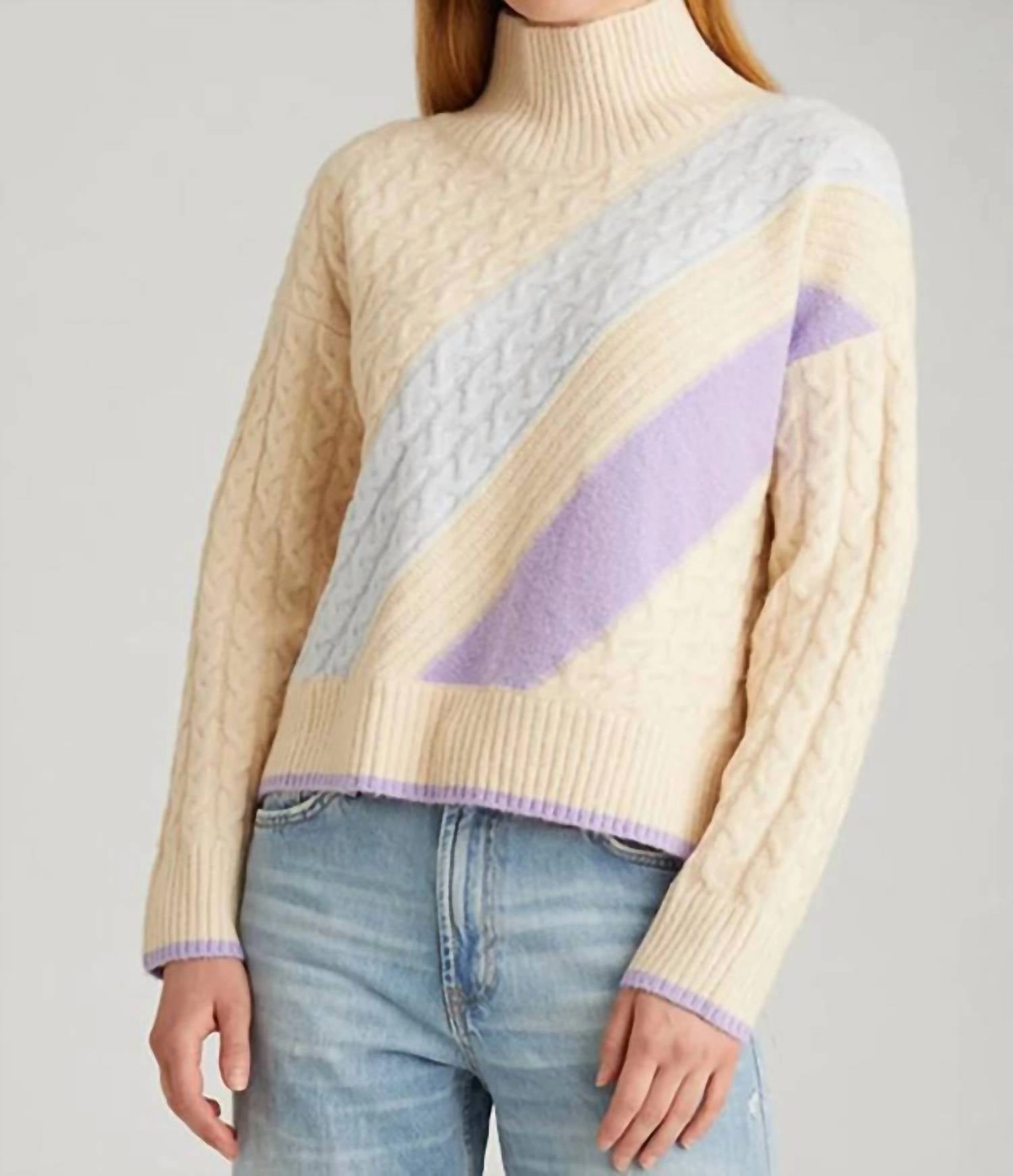 Ria Colorblock Cable Pullover In Cream Multi Static Reducing Finish