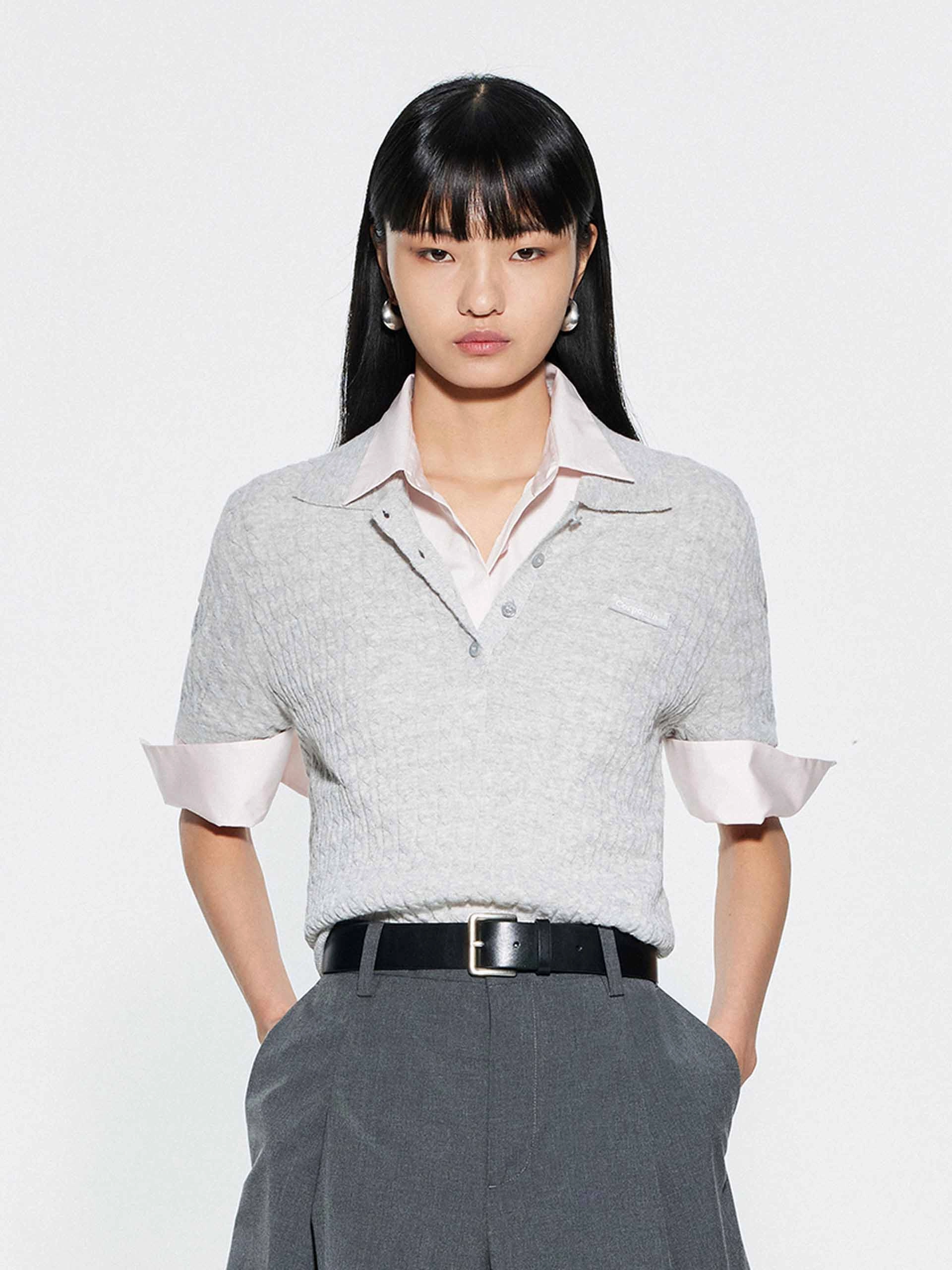 Ribbed Hem Knitted Top Grid Back Panel Adjustable Collar System