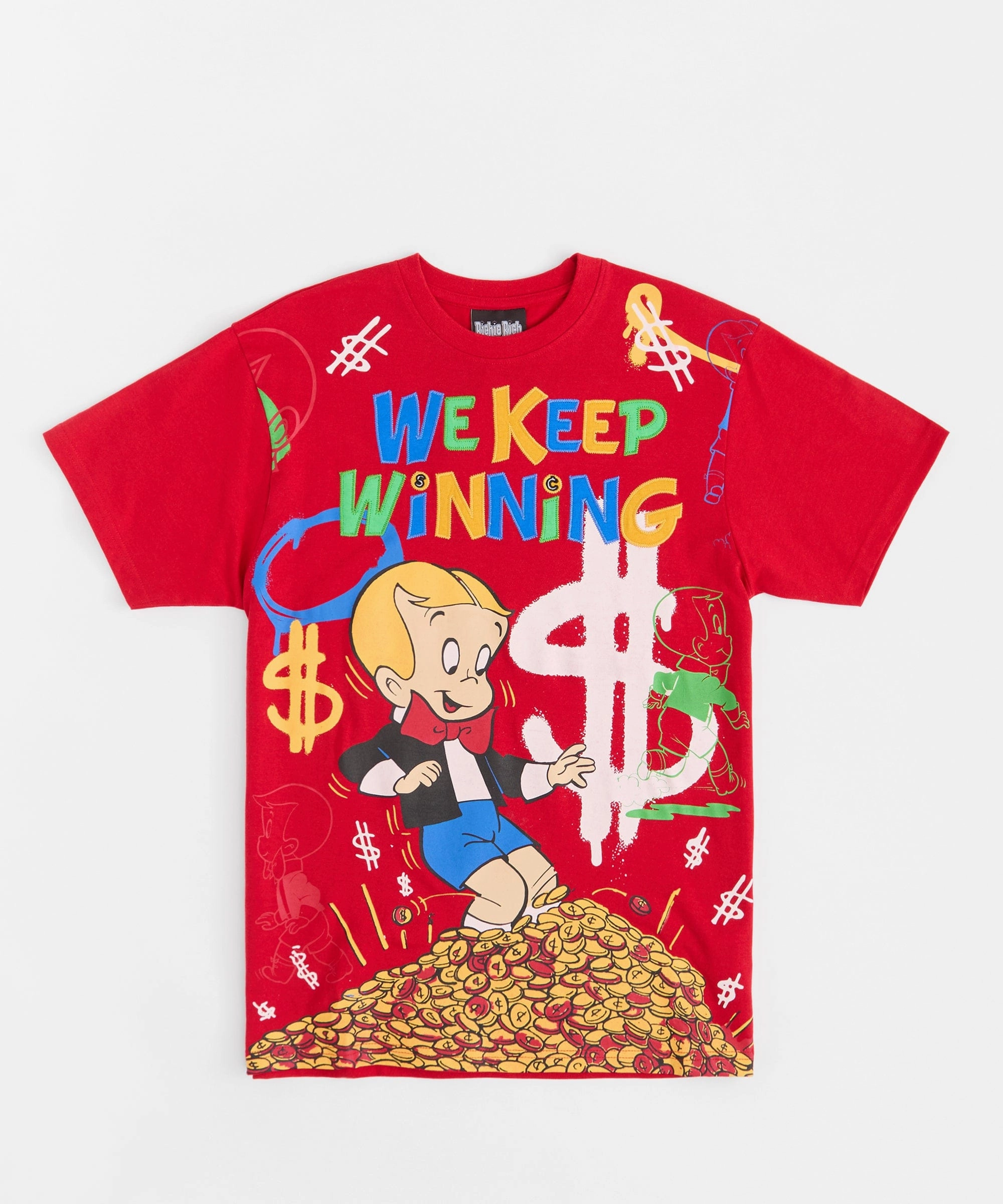 ZeroWaste Construction Durable Interlock Stitch Richie Rich We Keep Winning Applique Short Sleeve Tee - Red