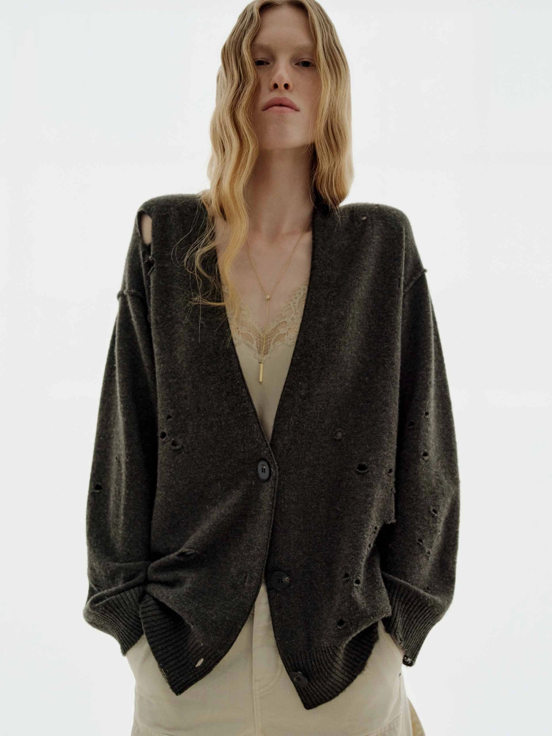 StretchableKnit OdorResistantTreatment Ripped Detail Button Cardigan