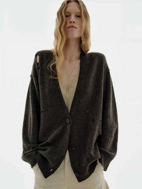 RelaxedNeckline Cozy Wear Ripped Detail Button Cardigan
