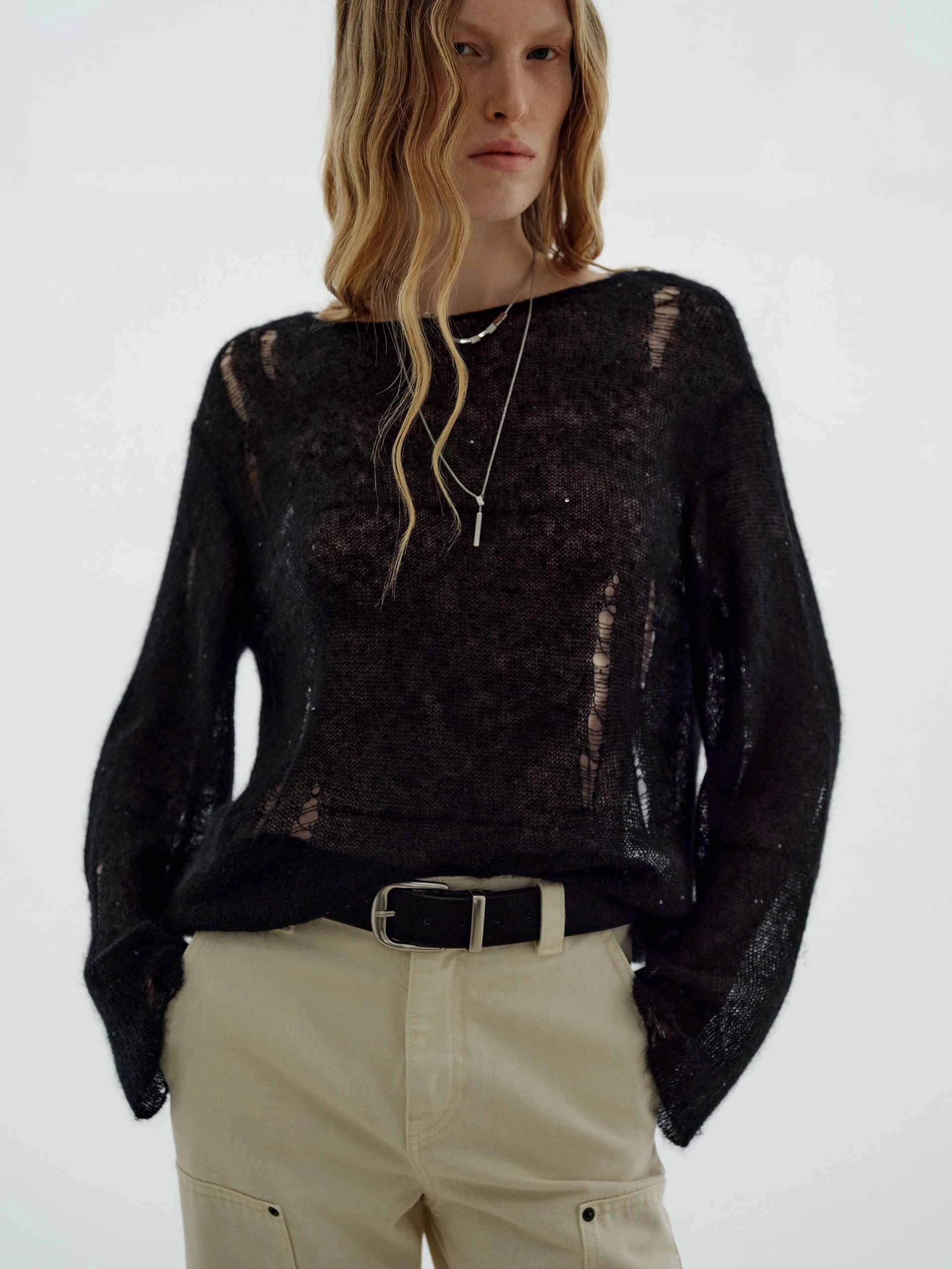 BondedHemline Flatlock Seam Ripped Detail Sequin Sweater