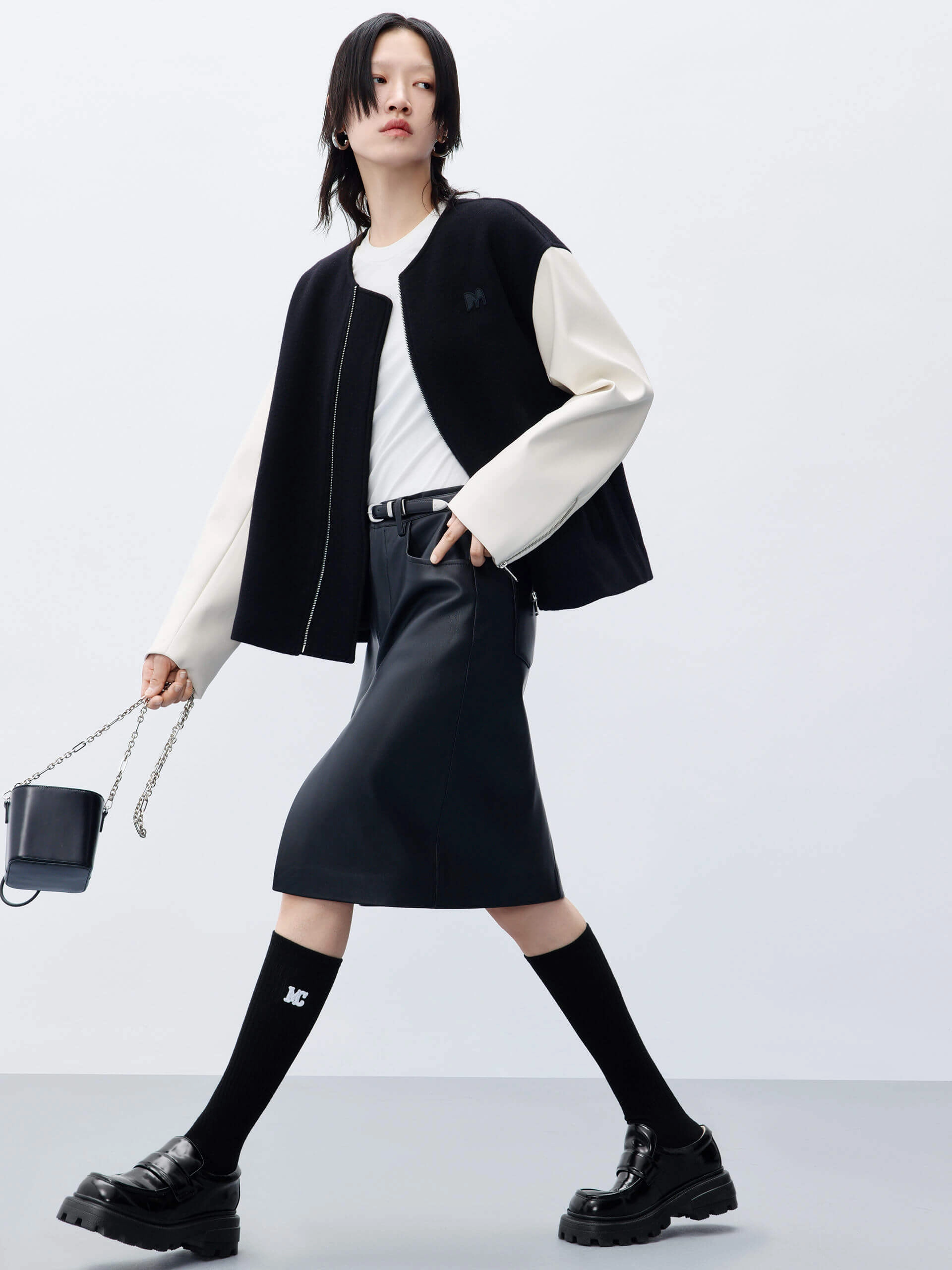 PU Sleeves Collarless Coat Clean Fit Design wrinkle free