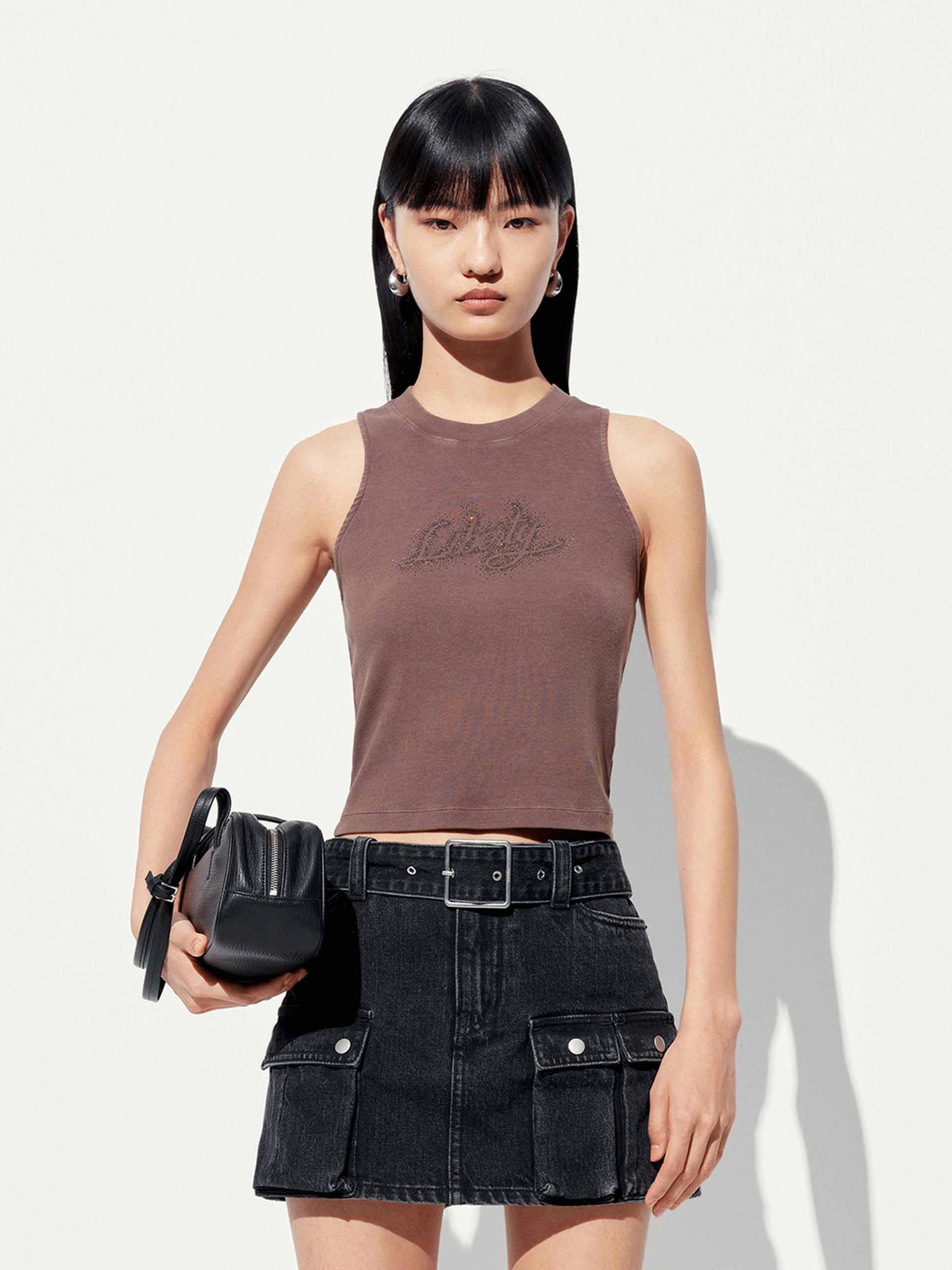 Letter Printed Tank Top Yarn Dyed Stripes