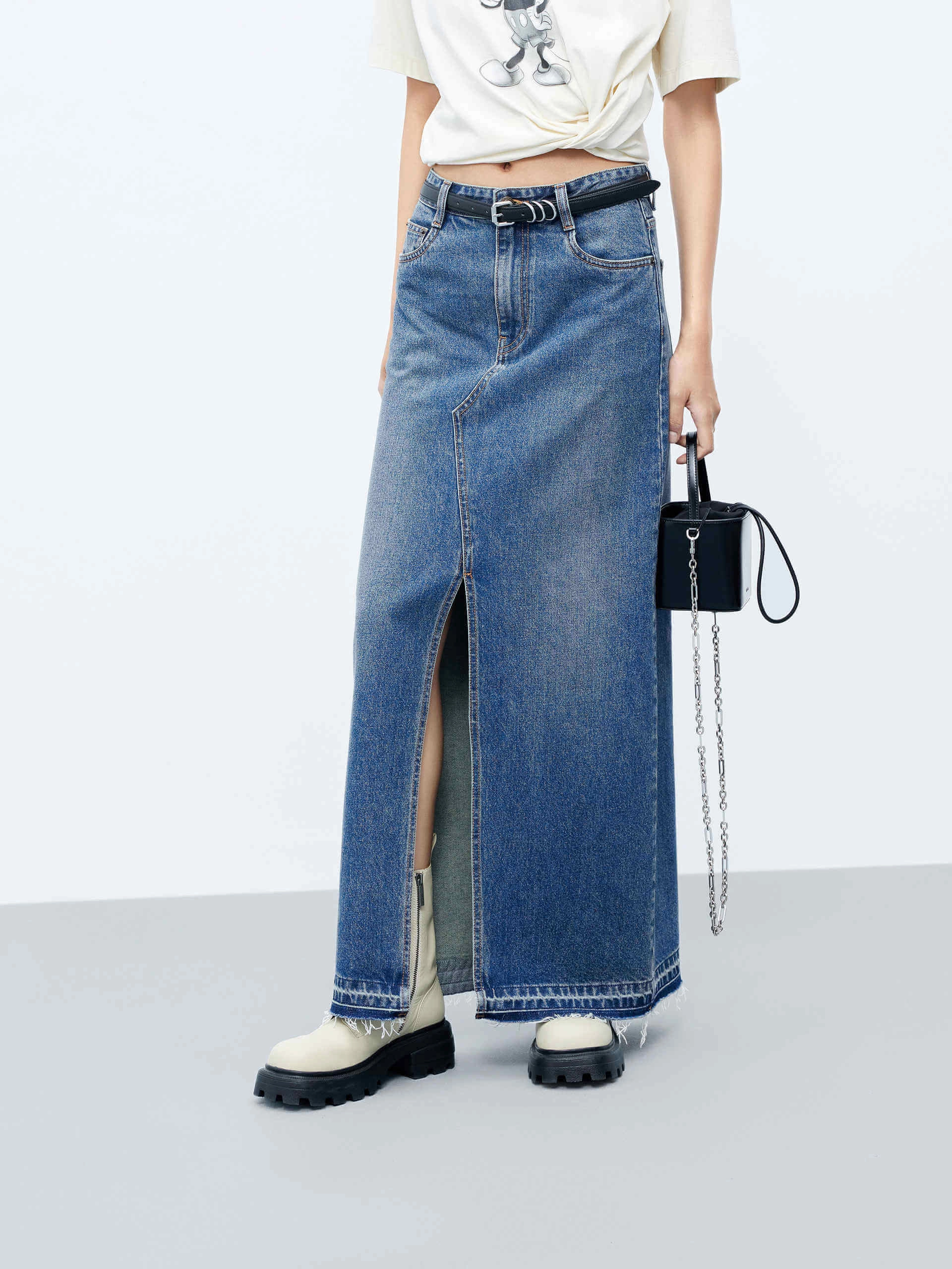 Thermal Lining Sleek Comfort Front Slit Maxi Skirt in Cotton