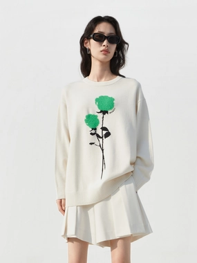 Reinforced Elbow Patches Rose Embroidered Wool Sweater