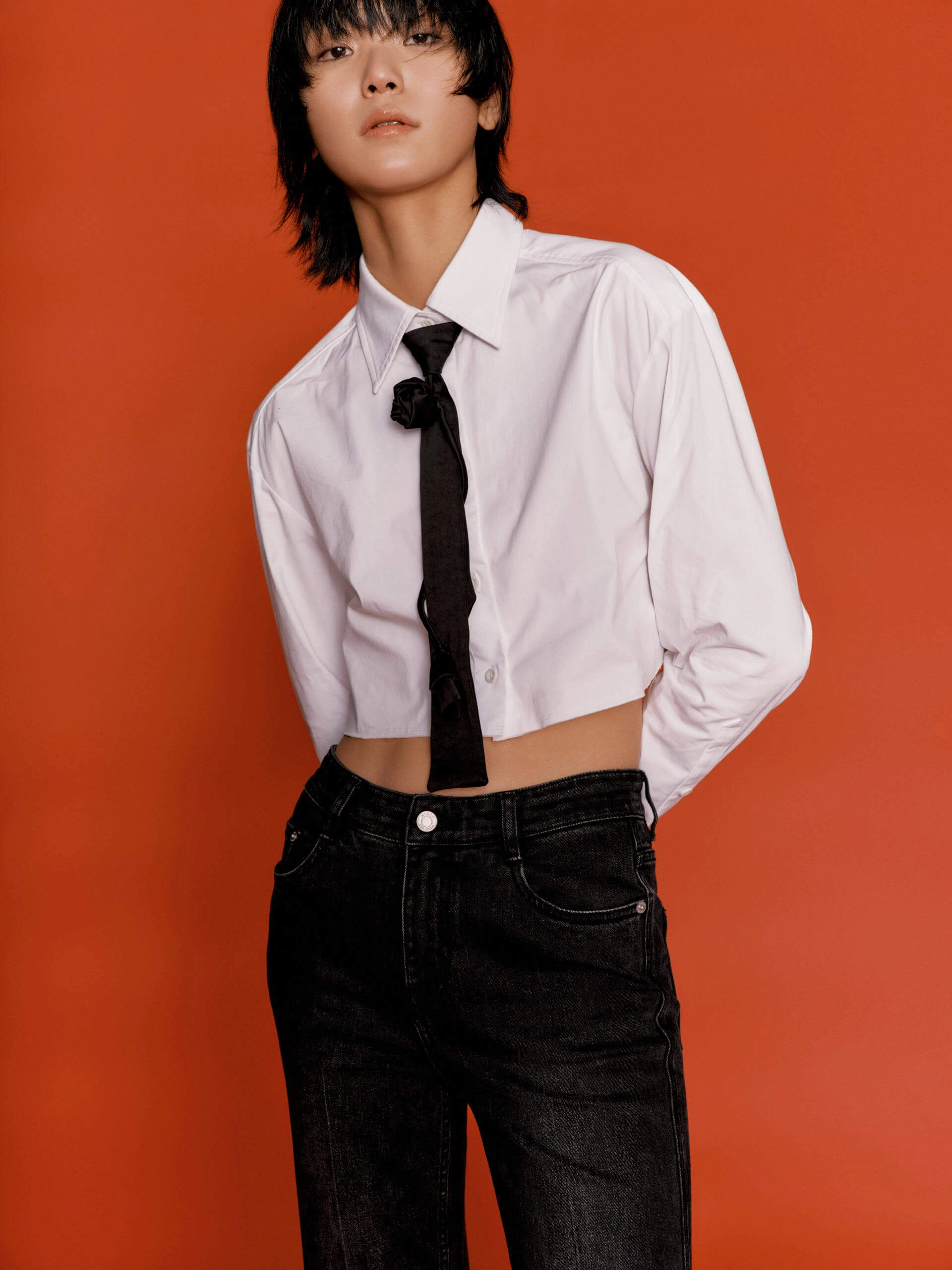 Lightweight pullover Flexible Waistband Rose Tie Cropped Shirt