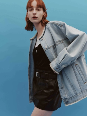 Textured Weave Easy Care Fabric Round Neck Denim Jacket