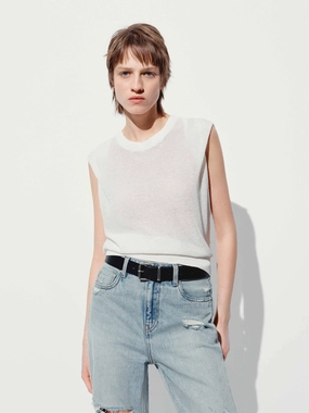 Reflective Accent Trim Fitted Blouse Round Neck Sleeveless Top