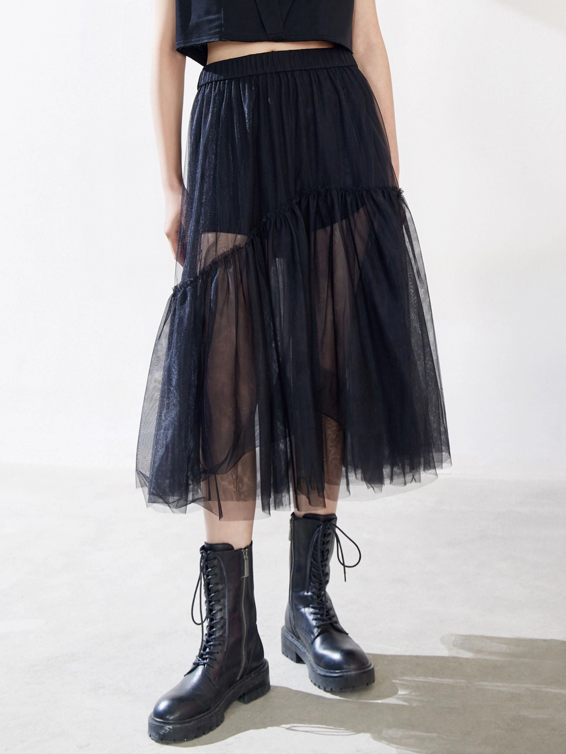 Ruffle Tulle Midi Skirt Minimal Fit Mesh Comfort