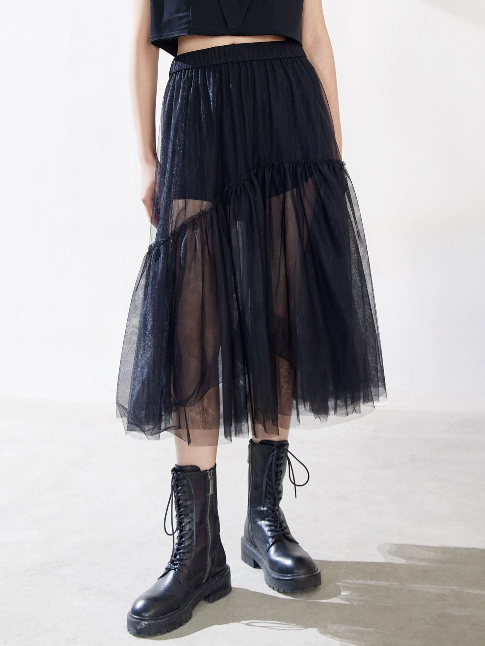 Chilly Weather Ruffle Tulle Midi Skirt
