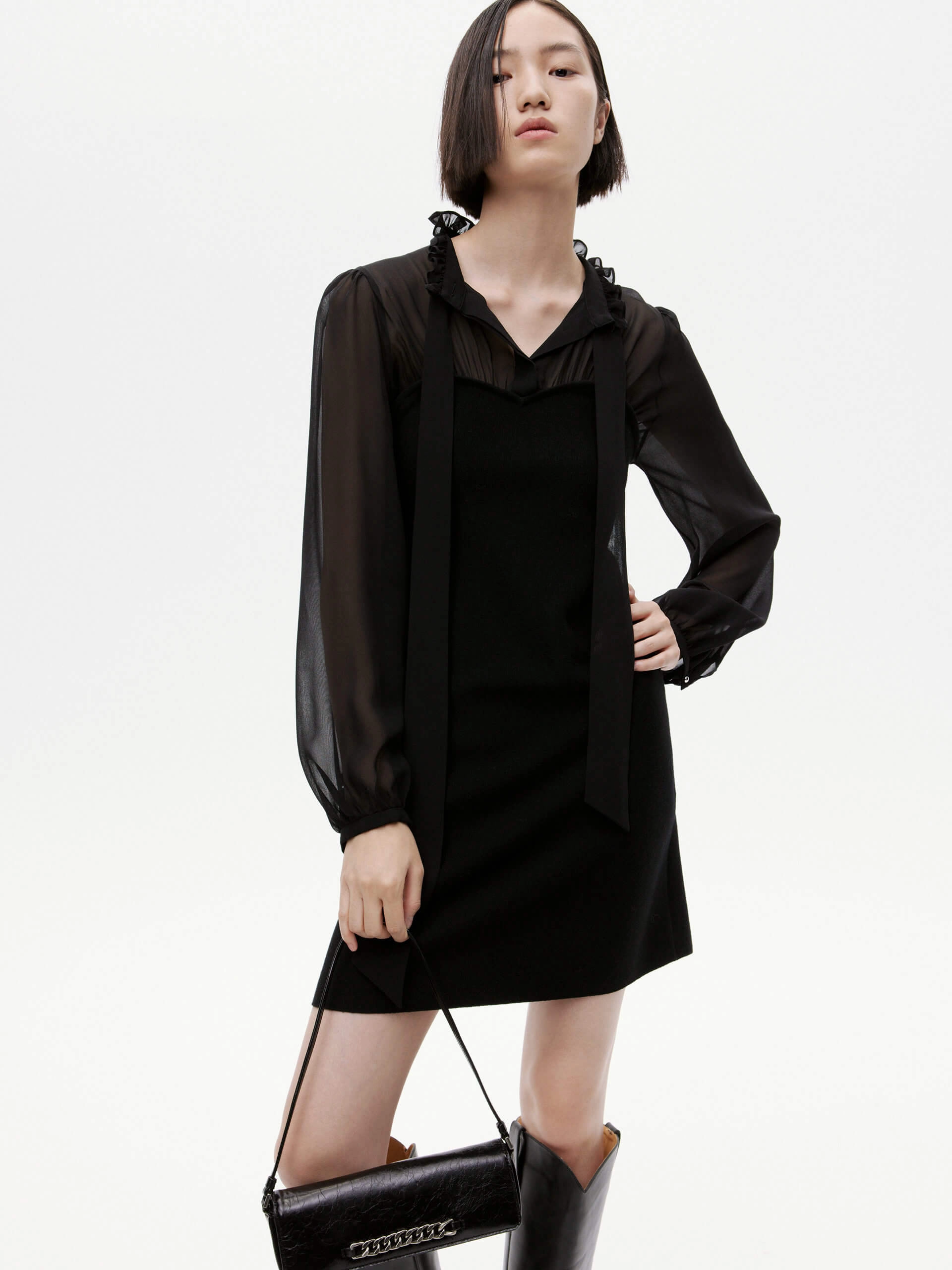 Ruffled Collar Silk Dress Sleek Appearance Modern Staple