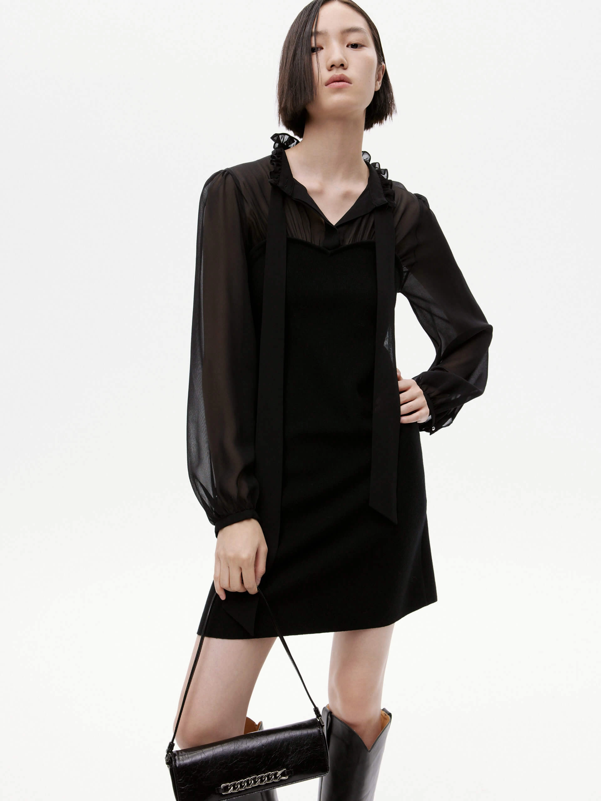 Seasonal Essential Gentle Shine Ruffled Collar Silk Dress