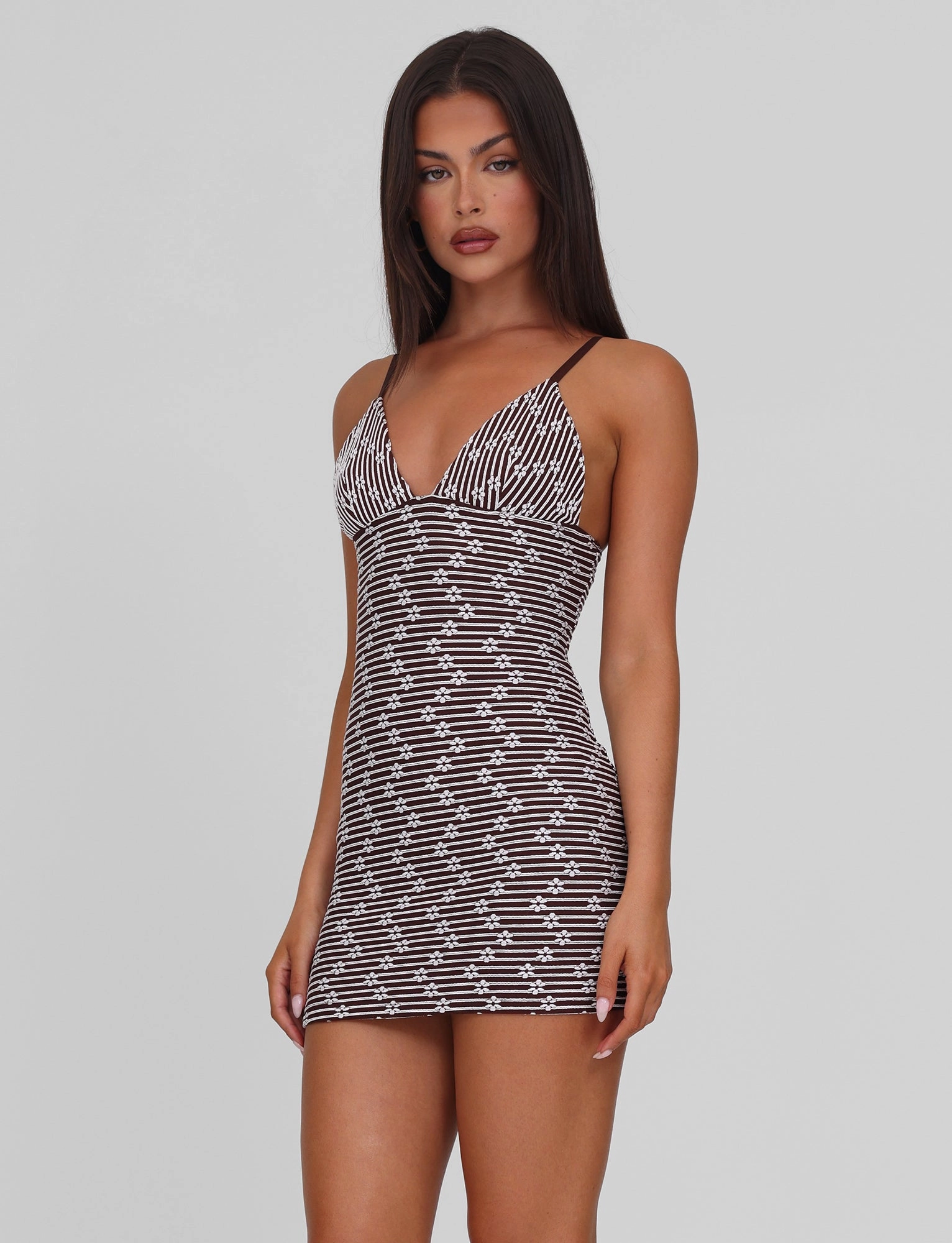 SAHRA MINI DRESS - CHOCOLATE BROWN STRIPE Elegant formal piece