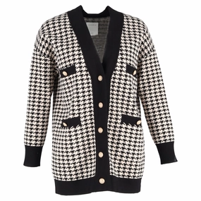 Sandro Dane Houndstooth Cardigan in Black Viscose Ribbed cuff Everyday Comfort Wear