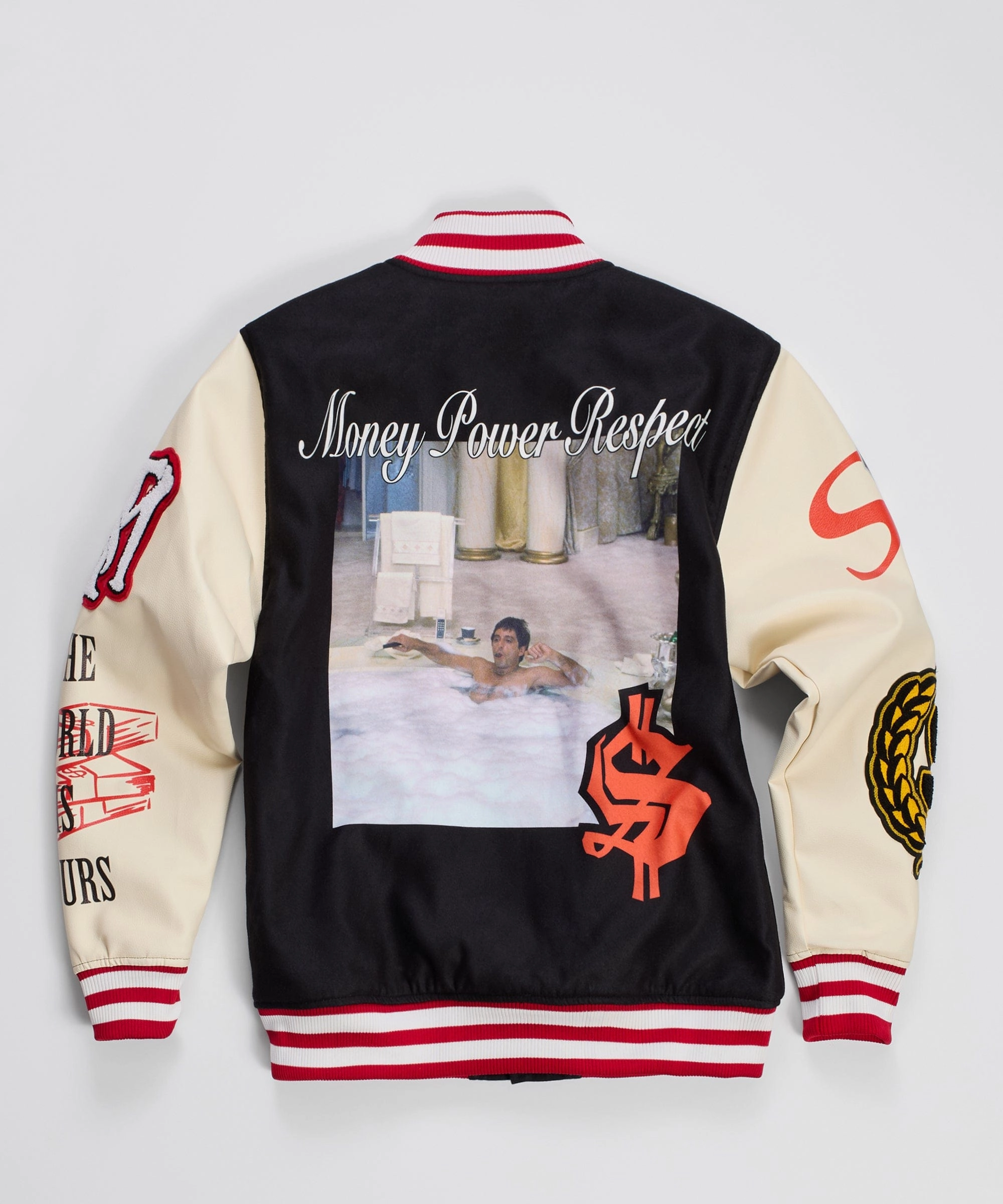 Cuffs Adjust Mold resistant Scarface Money Power Respect Varsity Jacket - Black