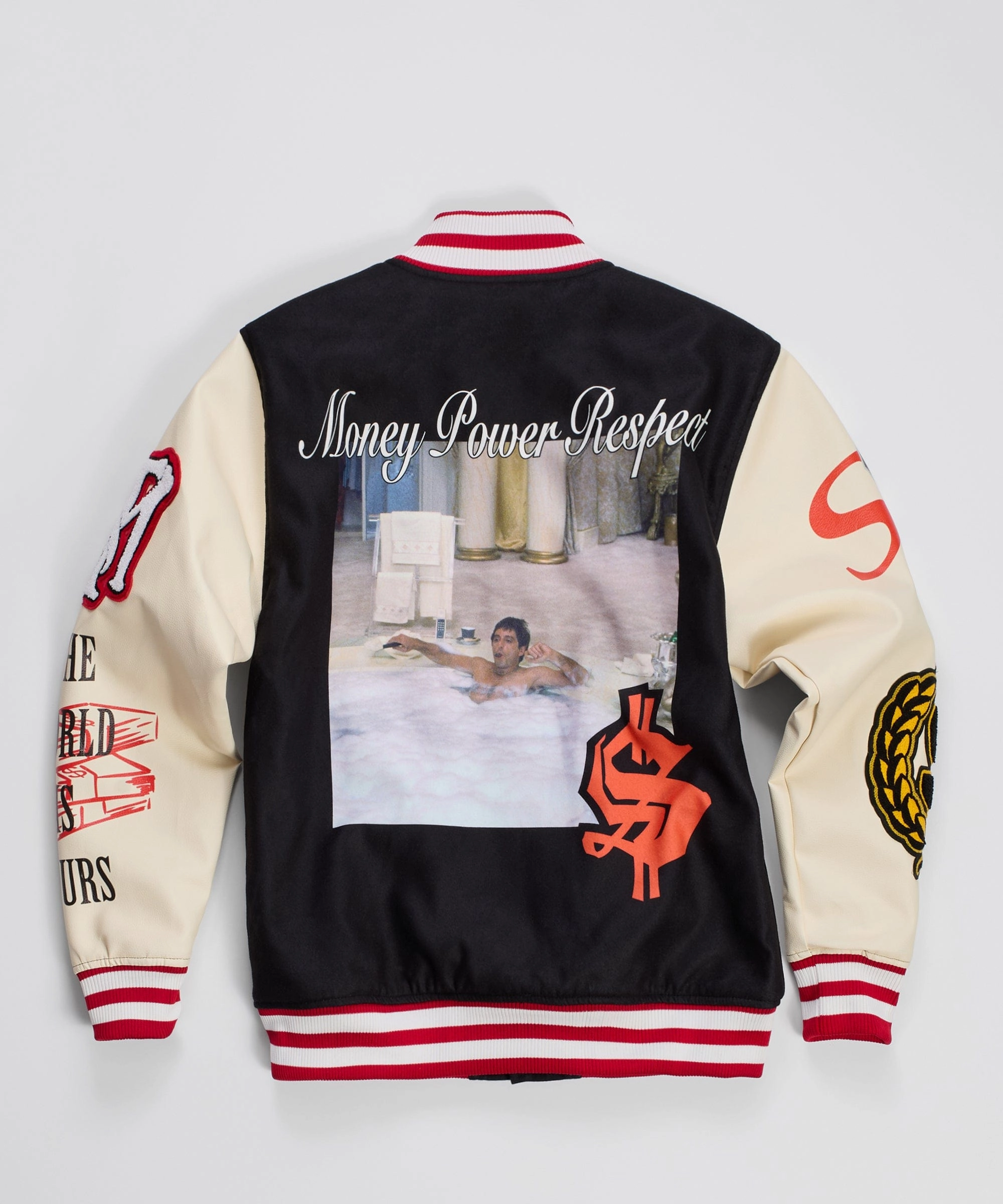 Scarface Money Power Respect Varsity Jacket - Black Ergonomic Cut ContouredShoulderFit