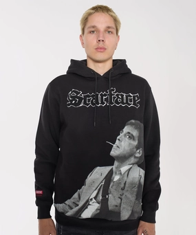 Smooth Zipper Integration DoubleLayered Scarface Old English Chenille Hoodie - Black