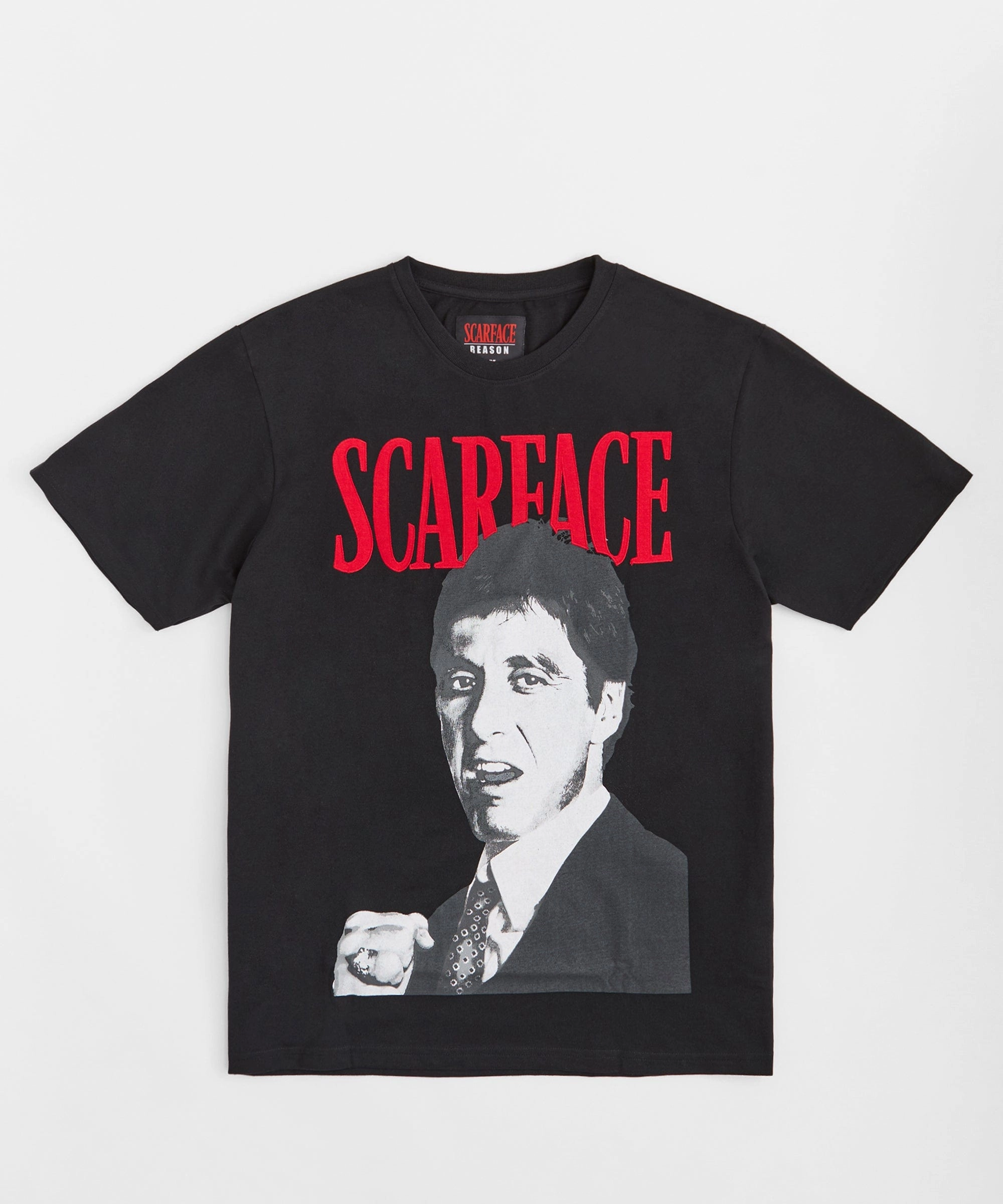 Reinforced Hem Stitching Scarface Poster Chenille Patched Short Sleeve Tee - Black