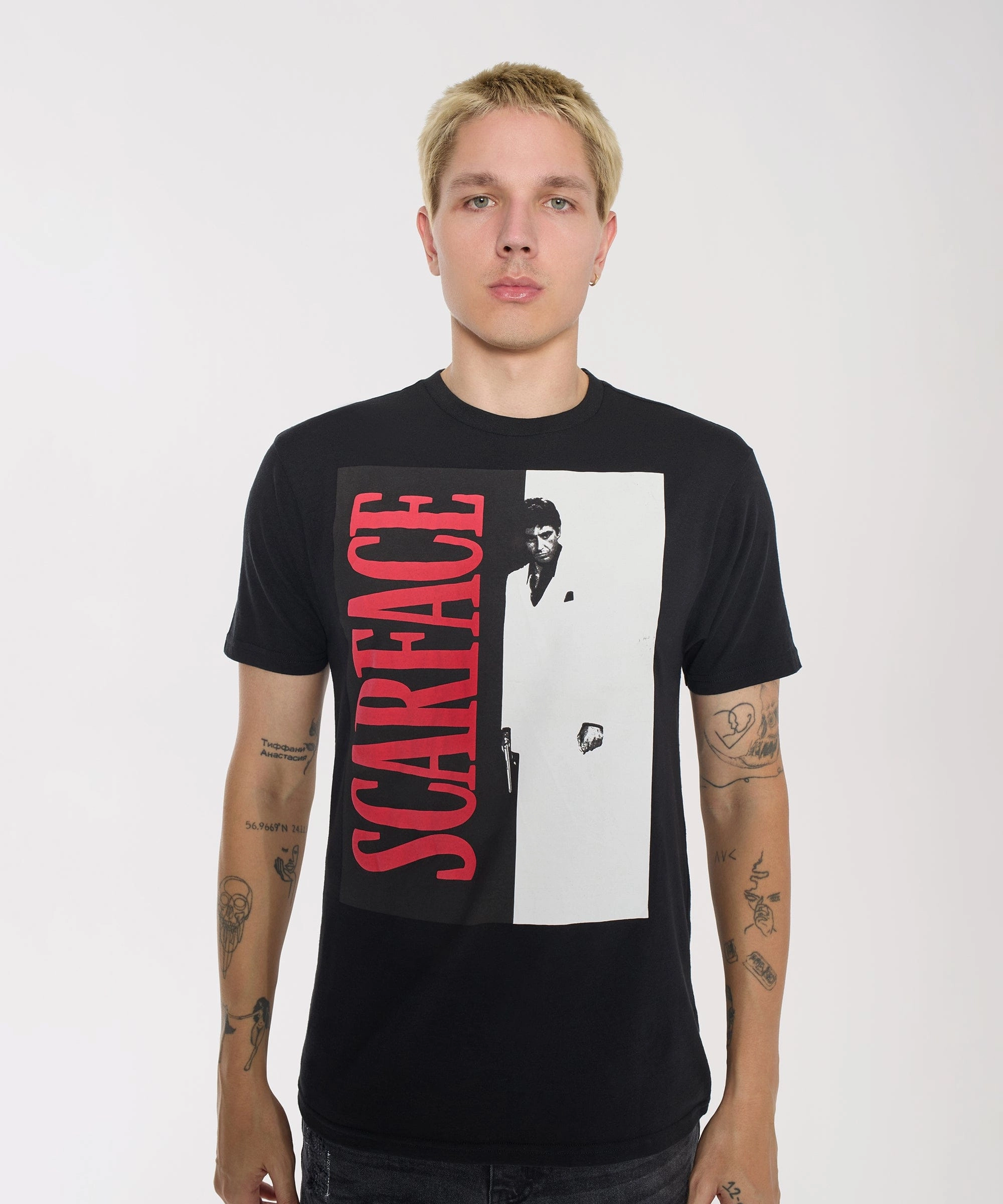 Scarface Split Short Sleeve Tee - Black DoubleLayered Collar Vintage Pullover