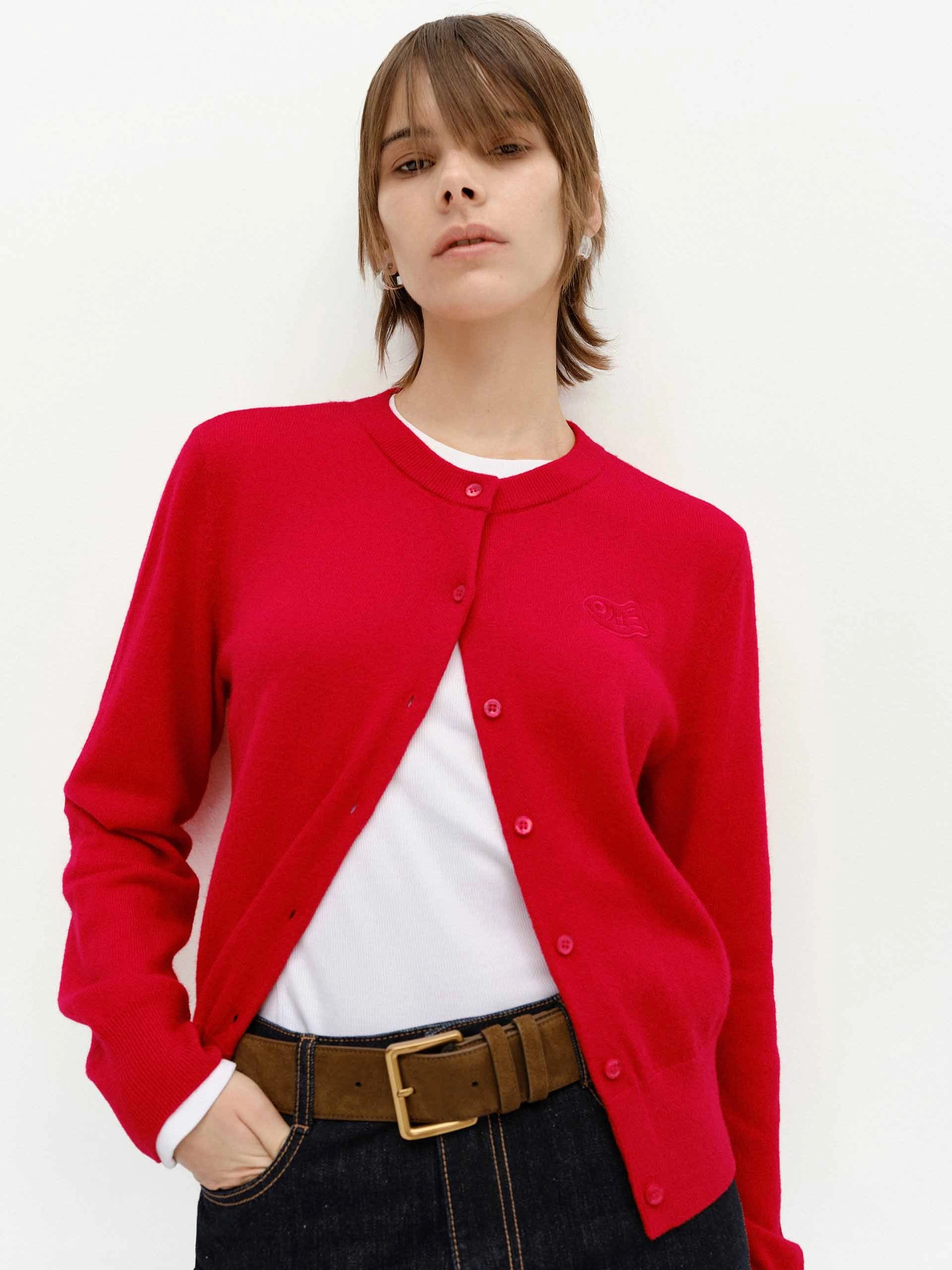 Stretch Woven Material Low Profile Stitching Crew Neck Knitted Cardigan