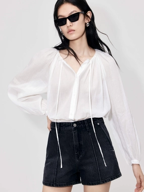 Lace-up Cotton Shirt Top Double Stitched Hem Elasticated Trim