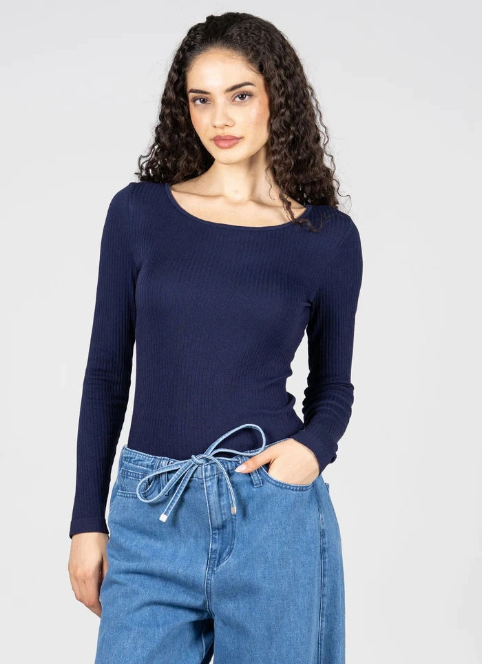 Ribbed Long Sleeve Round Neck DoubleLayeredCollar