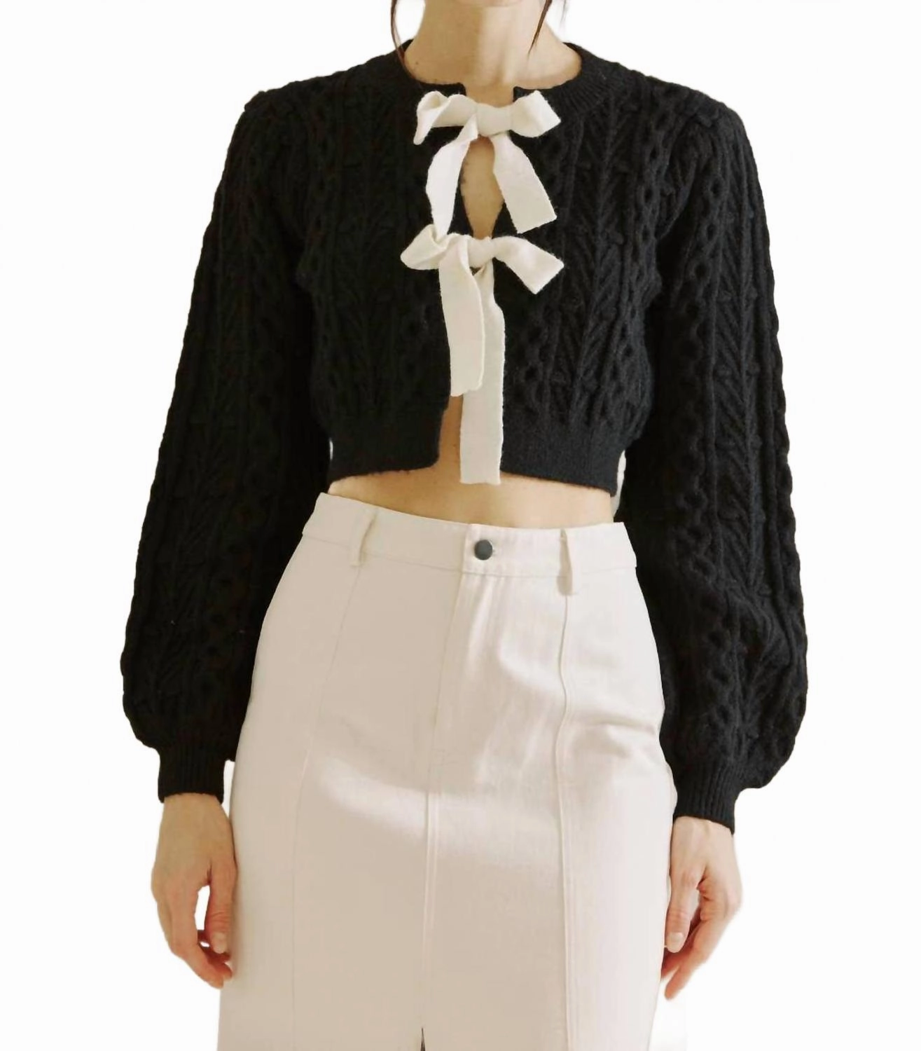 Women's Take A Bow Cable Knit Cardi In Black Versatile Layering Piece Basic Layer