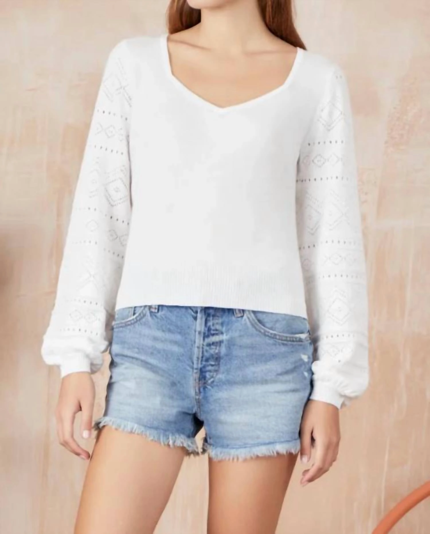 Anna Pointelle V Neck In White Soft and Warm