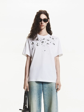 Sequin Detail Cotton T-shirt Scoop neck femininity